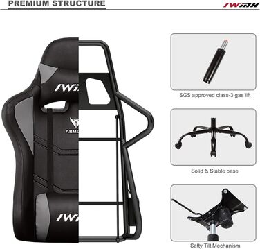 Ігрове крісло IWMH, ергономічне комп&39ютерне крісло з високою спинкою, регульоване по висоті поворотне крісло, гоночне крісло з підлокітниками, регульованим підголівником та поперековою опорою (сіре)