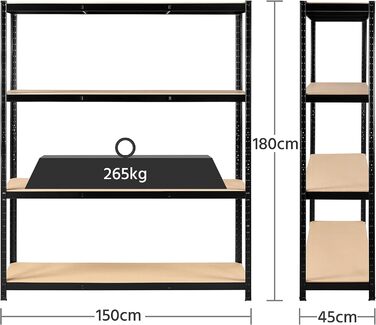 Стелаж для зберігання важких матеріалів Yaheetech, окремостоячий стелаж, гаражний стелаж, металевий стелаж, система полиць, 4 полиці, 265 кг на полицю, 180 x 150 x 45 см
