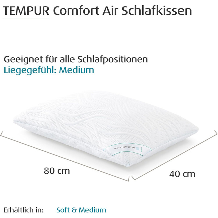 Подушка для сну TEMPUR Comfort Air Medium, дихаюча подушка для всіх положень сну, OEKO-TEX MAKE IN GREEN, середньої жорсткості, 40 x 80 см