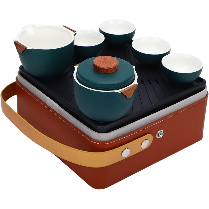 Набір для чаювання в стилі гунфу, преміальна кераміка, портативне зберігання, дорожній набір для чаю. Темно-зелений керамічний чайник з чашками та скринькою для чаю для подорожей, дому та офісу