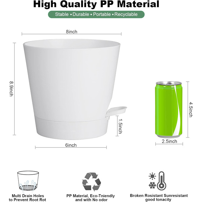Квітковий горщик 20,3 см, пластиковий квітковий горщик із системою поливу, 2 горщики для рослин, сучасний для кімнатних та балконних садових рослин, сукулентів, кактусів (білий) Білий 20,3 см