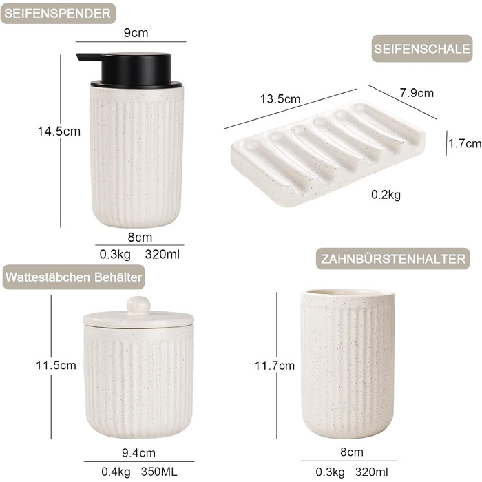 Набір для ванної кімнати Beige UMLACA Керамічні аксесуари для ванної кімнати 4-Piects Включає 350 мл піни для мила, стакан для зубної щітки, мильницю, контейнер для ватних паличок, елегантну прикрасу для ванної кімнати