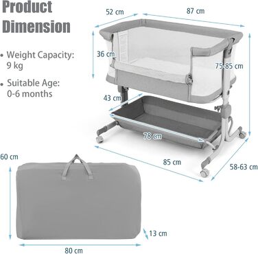 Дитяче ліжечко LIFEZEAL, 6-рівневе регулювання висоти, дитяче ліжко з матрацом та колесами, портативне дорожнє ліжечко для дітей 0-6 місяців, колиска з кошиком для зберігання (світло-сірий)