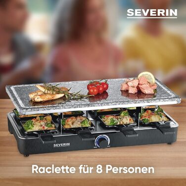 Гриль SEVERIN raclette party з натуральним каменем гриль, раклет з кам'яною пластиною для гриля та 8 сковородами з антипригарним покриттям, настільний гриль на 8 осіб, макс. 1300 Вт, чорний, поворотний регулятор RG 2372 з індикатором