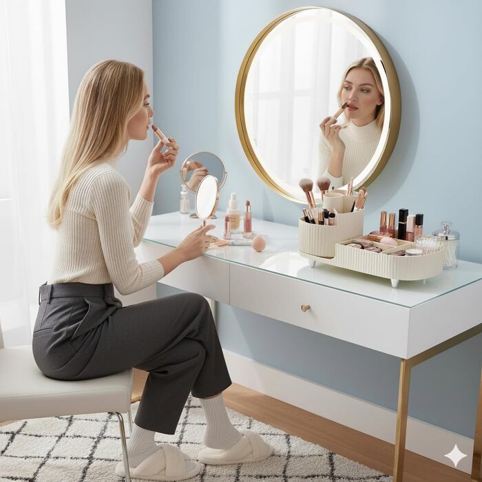 Обертовий на 360 органайзер для макіяжу, великий органайзер для ванної кімнати з коробкою для зберігання косметичного столика включає засіб для чищення пензлів для макіяжу (бежевий)