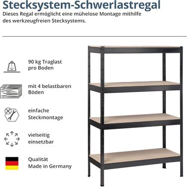 Полігатор SCHULTE Shelf World з 4 дерев&39яними полицями, 180x100x35 см (ВxШxГ), вантажопідйомність на полицю приблизно 90 кг, чорне текстуроване покриття, полиця для зберігання, полиця для підвалу, полиця для майстерні, безболтові полиці