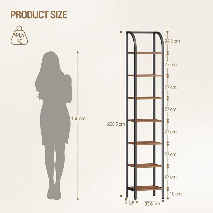 Полиця Hzuaneri, книжкова шафа, 7-ярусна полиця, полиця для DVD, вузькі полиці, офісна полиця в індустріальному стилі, металевий каркас для вітальні, спальні, кухні, вінтажний коричнево-чорний BC57001B 30 x 33,6 x 208,5 см, вінтажний коричнево-чорний