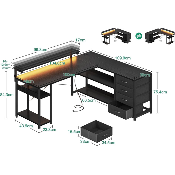 Письмовий стіл ODK з шухлядами, 135110 см, двосторонній кутовий стіл з 2 розетками та 2 портами USB для зарядки, L-подібний офісний стіл зі світлодіодним освітленням для домашнього офісу, чорний 135110 см
