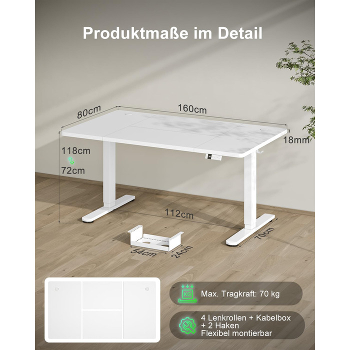 Стіл Devoko з регульованою висотою 160x80 см із зарядним портом Type-C, мобільний електричний комп&39ютерний стіл з лотком для кабелів та пам&39яттю на 3 функції, білий 160 x 80 см білий