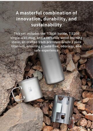 Набір для гніздування Keith Titanium Ti3070 - надлегка титанова пляшка, чашка та дров&39яна піч без пластику з полотняною сумкою для перенесення - міцний, портативний та екологічно чистий для кемпінгу, походів та