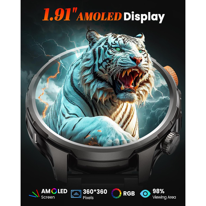 Чоловічий військовий смарт-годинник з акумулятором 1000 мАг, 1,91-дюймовим AMOLED-дисплеєм, світлодіодним ліхтариком/водонепроникним фітнес-годинником до 5 атм з функцією телефону, понад 110 спортивних режимів/пульсометром/монітором сну/SpO2, сумісним з i