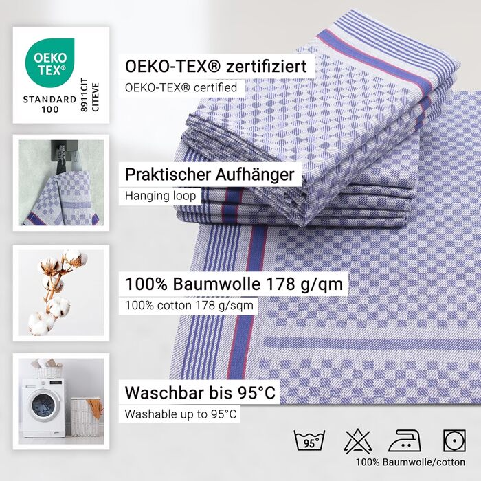 Набір з 10 чайних рушників, 45x90 см, бавовна, синій в клітинку 45 x 90 см Синій