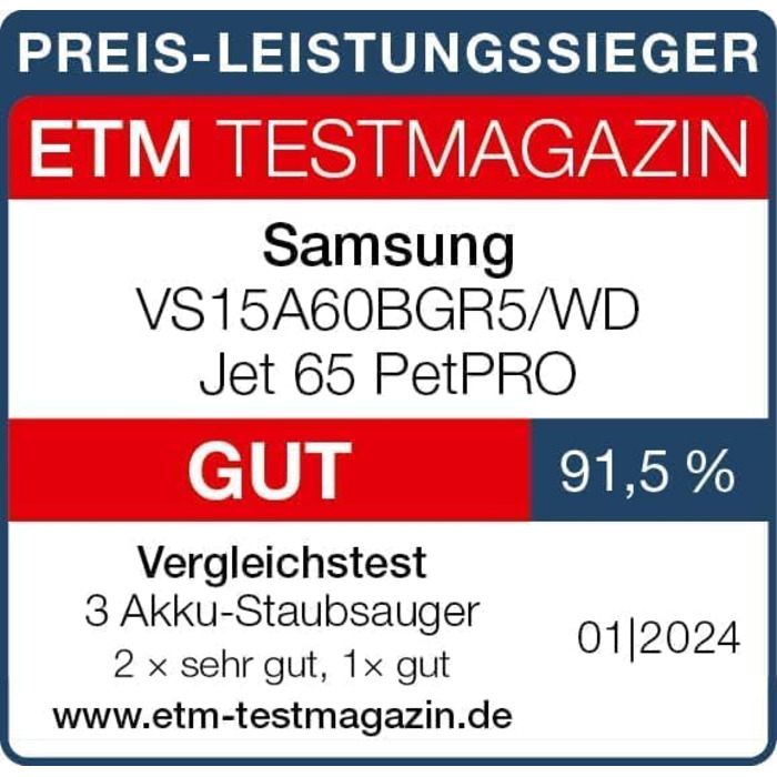 Акумуляторний пилосос Samsung Jet 65 PetPRO, 150 Вт, в комплекті щітка для шерсті та інші аксесуари, сріблястий, VS15A60BGR5/WD 15