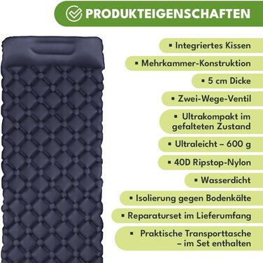 Надувний матрац для кемпінгу з подушкою 190x60 см, надлегкий килимок для сну, товщина 5 см, вантажопідйомність 100 кг, надувний матрац для кемпінгу, трекінгу, активного відпочинку, пляжу, складається з сумкою