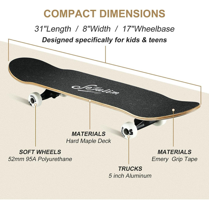Скейтборд для дорослих повна дошка 31 x 8 дюймів з кульковими підшипниками ABEC-7 7-шаровий клен для початківців дітей та дорослих