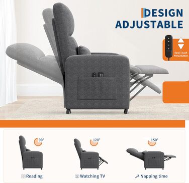 Крісло-реклайнер Acekool, масажне крісло, крісло для телевізора з електричним регулюванням та функцією відкидання, функція масажу та підігріву, крісло для читання, крісло для телевізора, крісло для вітальні, сіре електричне крісло-реклайнер