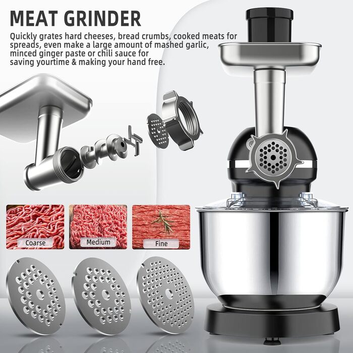 Кухонний комбайн Homlee 3 в 1 Багатофункціональна тістомісильна машина 1800 Вт 6-рівневий блендер, з м'ясорубкою, соковижималкою 1,5 л, чашею з нержавіючої сталі 5,5 л Тістоміс чорний