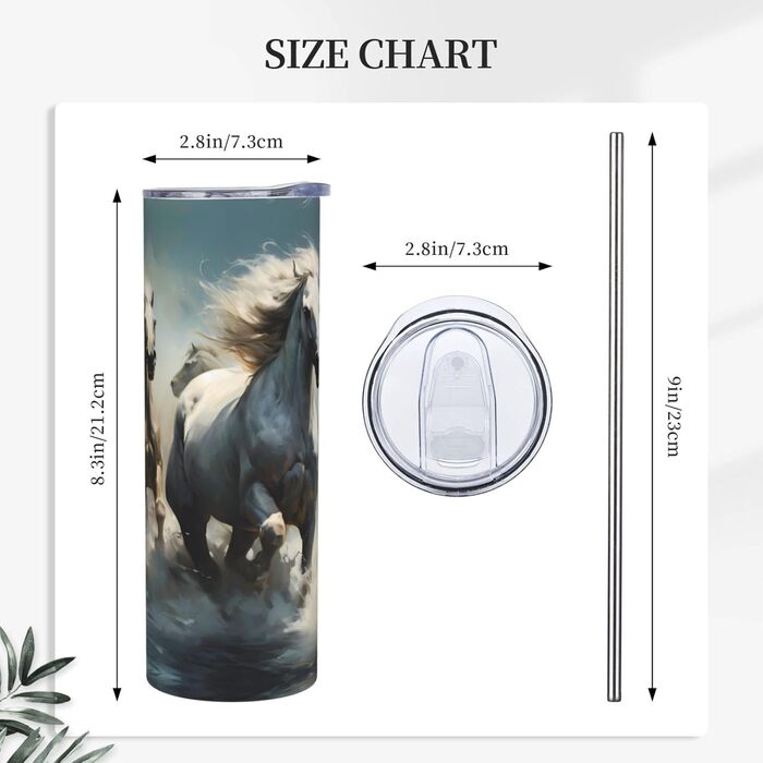 Кухоль з прямою трубочкою, дизайн коні, що біжать по річці, друкований, підходить для кемпінгу, офісу та дому, 590 мл