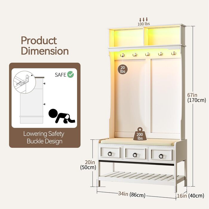 Вішалка для одягу з тумбою для взуття, окремо стояче дерево для передпокою 170 см з лавкою, висувними ящиками, вхідна лавка 3-в-1