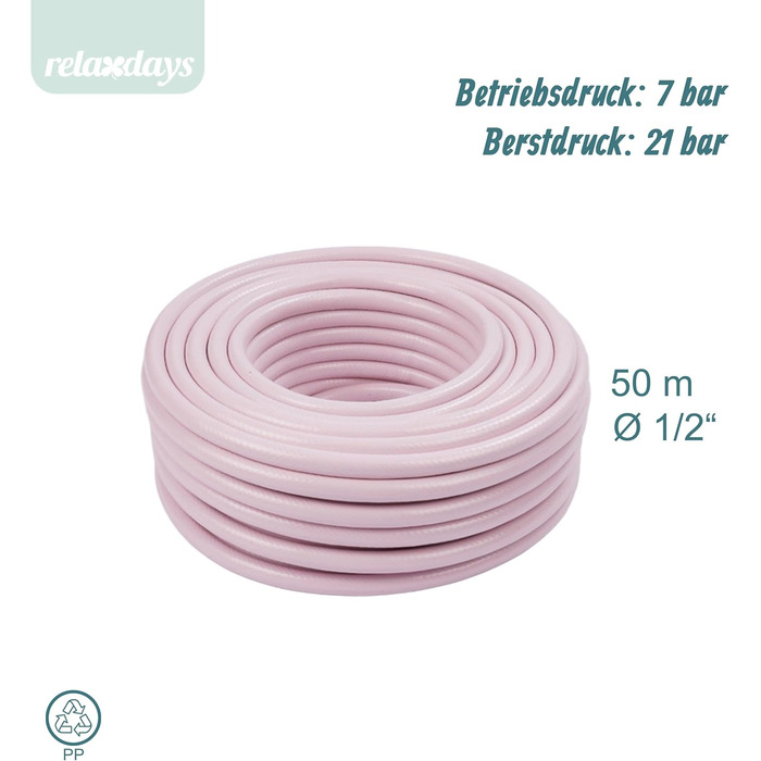 Шланг садовий Relaxdays, 50 м, універсальний водяний шланг 1/2, стійкий до УФ-випромінювання та погодних умов, тканинний садовий шланг, PP, рожевий