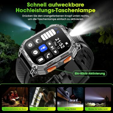 Чоловічий смарт-годинник, 2.01-дюймовий HD смарт-годинник із тривалим часом роботи батареї 1000 мАг, 114 спортивних режимів, фітнес-годинник у військовому стилі з датчиком серцевого ритму/крокоміром/монітором сну/ліхтариком, сумісний з Android iOS, помара