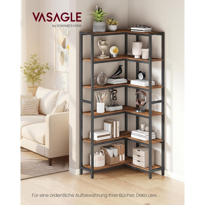 Ярусна книжкова полиця VASAGLE, кутова полиця, полиця для зберігання, 24 x 102 x 175,2 см, сучасна, для вітальні, спальні, офісу, вінтажний коричнево-чорний колір LLS606K01, 6-