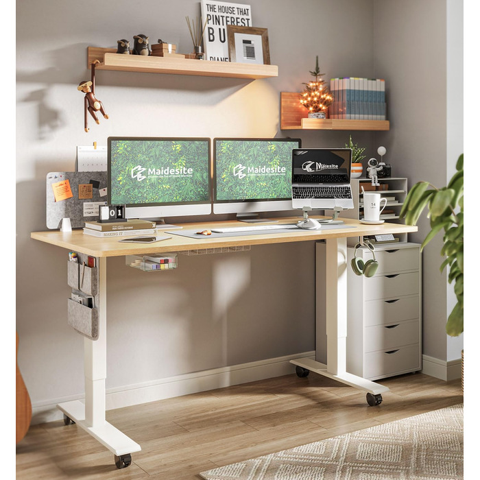 Письмовий стіл з регульованою висотою (140 x 70 см) Комп&39ютерний стіл з електричним регулюванням висоти, 4 режимами пам&39яті, дошкою для записів та колесами, що обертаються на 360 Стіл SN1 140 x 70 см, дуб біла рама