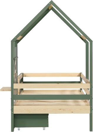 Дитяче ліжко 90x200 см, дерев&39яне ліжко з 2 шухлядами, ліжко-будиночок з дахом та вікном, каркас ліжка з рейковою основою, для дівчаток та хлопчиків, зелене, без матраца 90 x 200 см B