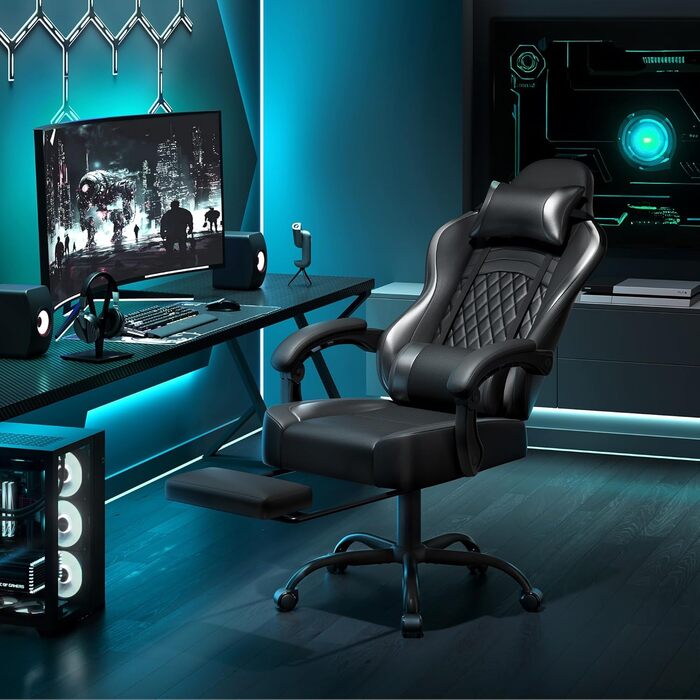 Ігрове крісло Yaheetech, ергономічне ігрове крісло з функцією масажу та висувною підставкою для ніг, регульована спинка, регульована висота, комп&39ютерне крісло, обертове крісло (чорне)