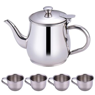 Дитячий чайний набір включає в себе портативний чайник з нержавіючої сталі обємом 330 мл з довгим носиком та фільтром, а також 4 чашки по 70 мл для чаювання вдома або в поході.