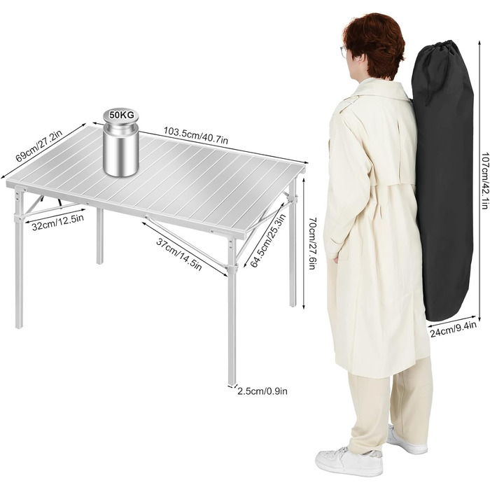 Алюмінієвий стіл WOLTU, кемпінговий стіл, фуршетний стіл, 104x69x70 см (ДхШхВ), складний та портативний дорожній стіл, висока вантажопідйомність та стійкість, сріблястий