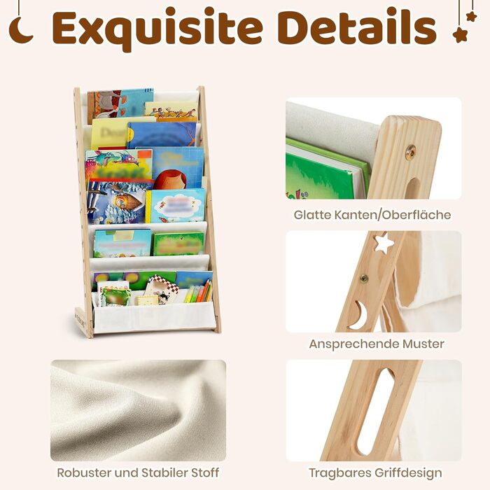 Дитяча книжкова полиця COSYLAND з 6 полицями з тканини Оксфорд - Дитяча книжкова полиця з натурального дерева - Дитяча книжкова полиця з закругленими кутами та компактна, 42Д x 30Ш x 76В см (колір натурального дерева, середній)