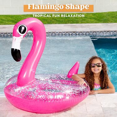 Надувний поплавок для басейну JOYIN Flamingo з блискітками, трубочки для плавання, веселі пляжні поплавки, іграшки для басейну, прикраси для дитячої літньої вечірки (95 x 82 x 94 см)