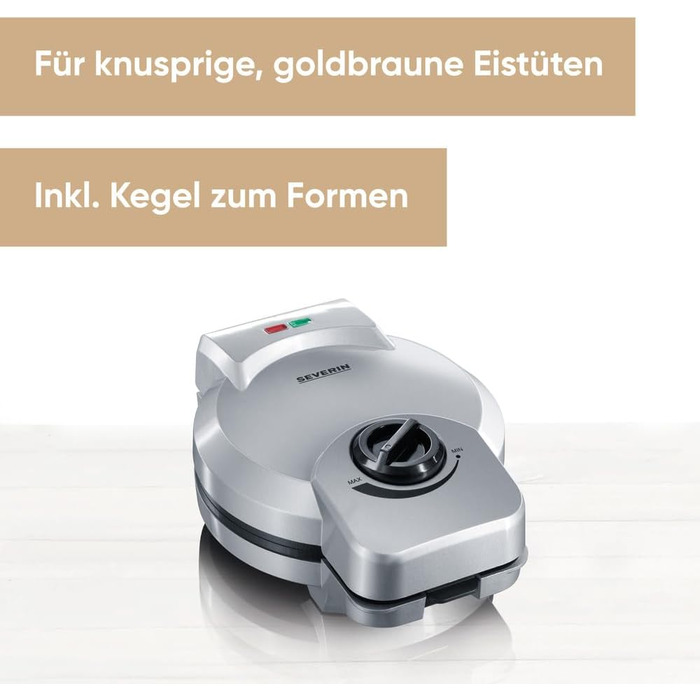 Торговий автомат SEVERIN Squirrel для хрустких вафельних ріжків, практична вафельниця для морозива з антипригарним покриттям, конусна праска з конусом для формування конусів, срібло, HA 2082