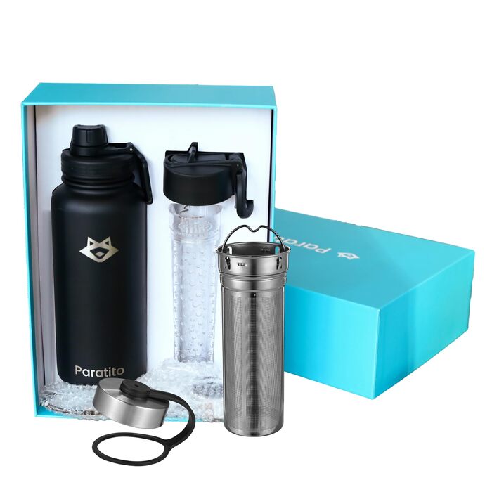 Пляшка для води з нержавіючої сталі 1 л аксесуари для чаю - термос, ситечко для чаю, заварювач для фруктів, спортивна кришка, насадка-трубочка (подарунковий набір чорного кольору)