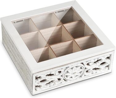 Вінтажна чайна коробка - Дерев&39яна коробка для зберігання чайних пакетиків - Коробка для чайних пакетиків з оглядовим віконцем - Чайний ящик з 9 відділеннями - Колір &quotшеббі-білий&quot