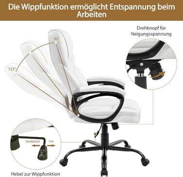 Офісне крісло Yaheetech, крісло керівника, ергономічне поворотне крісло з високою спинкою, комп&39ютерне крісло, зручне робоче крісло з регульованою висотою, офісне крісло зі штучної шкіри, піна високої щільності, функція гойдання, біле, біле, штучна шкір