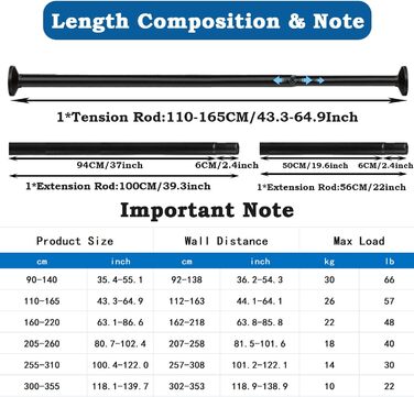 Карниз для штор 300 см Довгий карниз Душова штанга додаткової довжини без свердління Штанга для одягу Висувний для ванної кімнати, спальні чорний (255-310 см 32 мм) Чорний 255-310 см