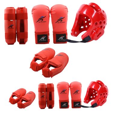 Захисне спорядження для спарингу, захисне спорядження для спарингу карате з поліестеру, тхеквондо, включає 1 шолом, 1 пару рукавичок та 1 пару захисних наколінників, також підходить для велоспорту, бойових мистецтв тощо, червоний, розмір S