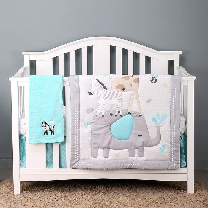 Комплект постільної білизни для дитячого ліжечка з візерунком слоник-зебра, сірий, 4 шт. ковдра, простирадло, підодіяльник, ковдра