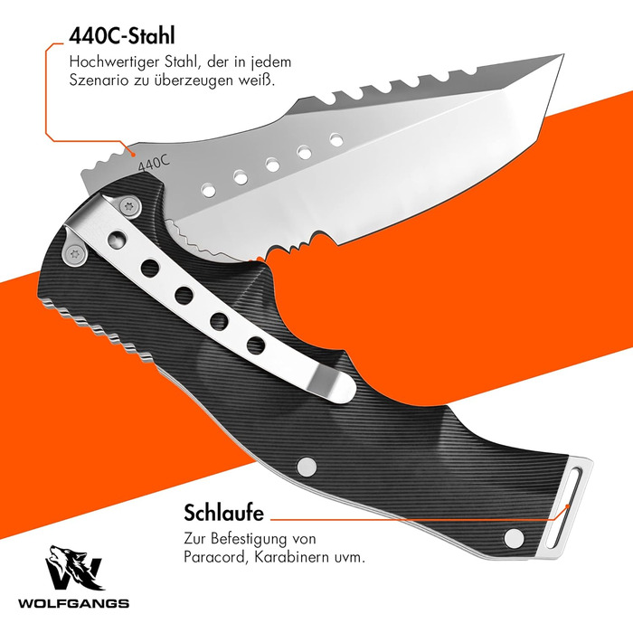 Дворучний складаний ніж Wolfgangs UNDIQUE з високоякісної сталі 440C - ЛЕГАЛЬНИЙ для носіння в Німеччині - Туристичний ніж з багат