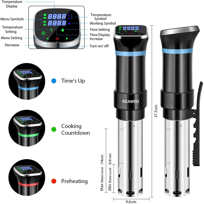 Вт Sous-Vide Cooker Stick Precision Cooker Immersion Ciculator Precision Cook Pot, діапазон температур 25C-95C (0.1C) Цифровий таймер, сенсорний РК-дисплей, ультратихий, нержавіюча сталь, 1100