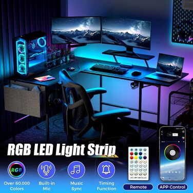 Ігровий стіл із розумним світлодіодним освітленням, L-подібний стіл із подовжувачем для домашнього офісу, кутовий стіл 120-150 см з розеткою, сумка для зберігання, підставка для монітора, чорний