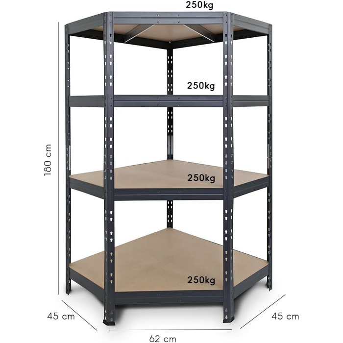 Кутова полиця Rivet, міцна полиця з HDF-плитою, 180x90x45x64,5 см (ВxШxГ), 4 полиці, 250 кг на полицю, антрацитово-сірий