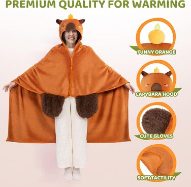 Портативна ковдра Mewaii з капюшоном та рукавами, м&39яка ковдра з рукавичками, м&39яка фланелева ковдра з шерпи для жінок та чоловіків, ідеально підходить для дому, подорожей та любителів домашніх тварин, 130x158 см, капібара з помаранчевим кольором