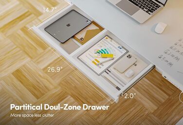 Електричний стіл FEZIBO для роботи стоячи зі скляною стільницею, регульована висота, 140 x 60 см, стіл для домашнього офісу, з портами зарядки USB-A-C, біла рама/біла стільниця