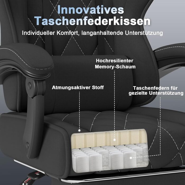 Ігрове крісло Devoko, ергономічна тканина з функцією масажу та підставкою для ніг, пружинна амортизація Pocket Spring, регулювання на 135, повітропроникне для домашнього офісу або ігрової кімнати, чорний колір