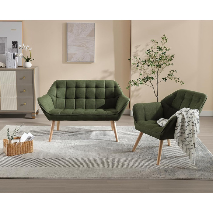 Акцентне крісло-крісло, м&39яке крісло для читання з дерев&39яними ніжками та лляним покриттям, крісло для читання, одномісний диван, крісло під телевізор для вітальні, спальні, затишне місце, зелений 1 зелений