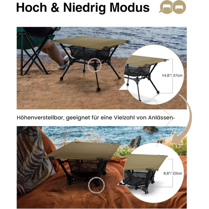 Складаний кемпінговий стіл OneTigris Dipper, складаний кемпінговий стіл з сумкою для перенесення та сітчастою кишенею, маленький надлегкий вуличний стіл для риболовлі та походів, 60 x 40 x 37 см, колір койот коричневий
