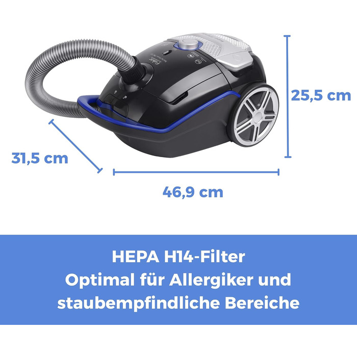 Пилосос з мішком Fakir Blue Vac Power TS 721, 800 Вт, з кабелем, HEPA H14 фільтр, тихою високоефективною мотором 69 дБ(А), містком для пилу 3 л та радіусом дії 12 м, чорний/синій